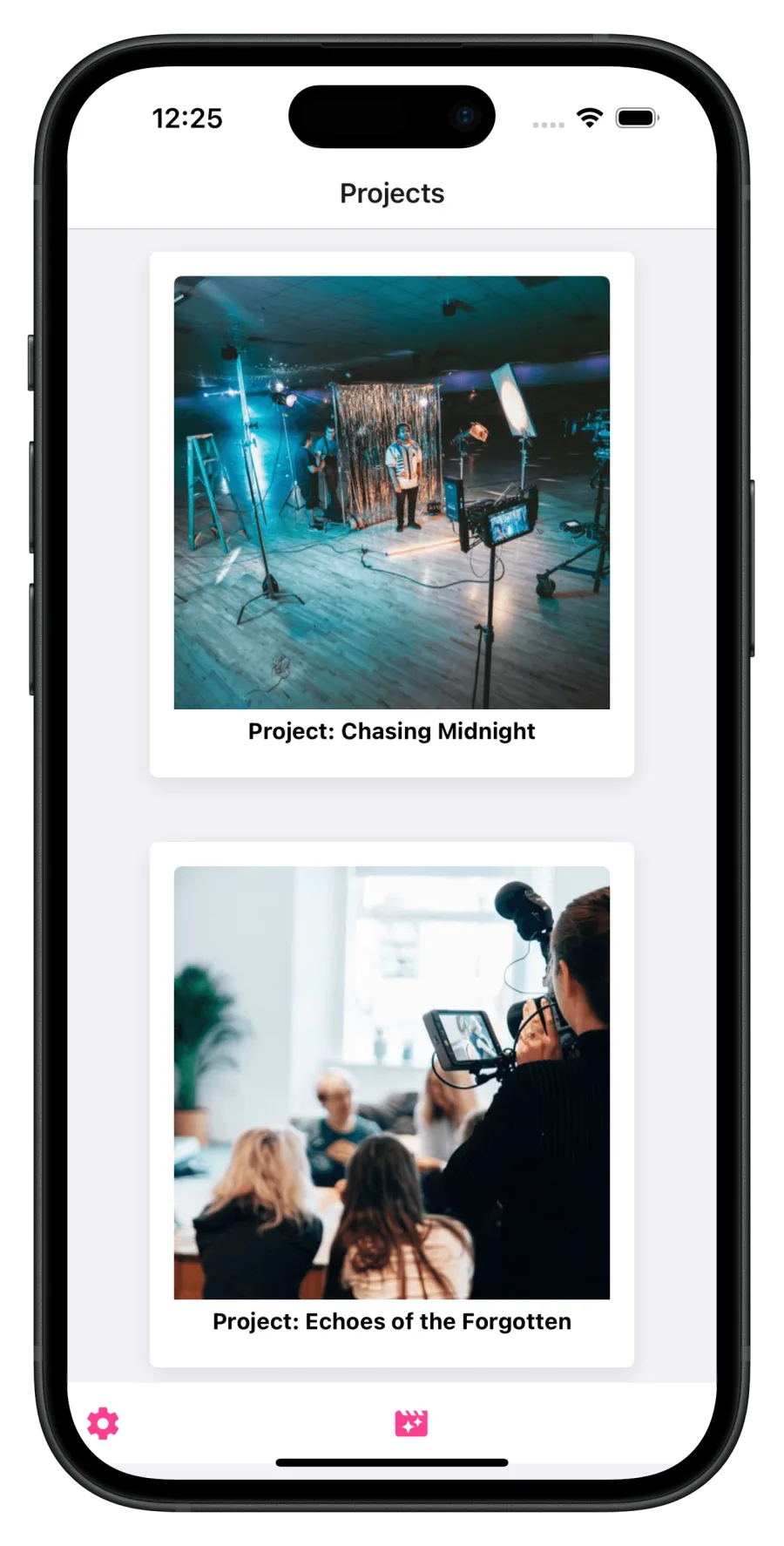 Last Looks projects screen showing two productions as photo cards